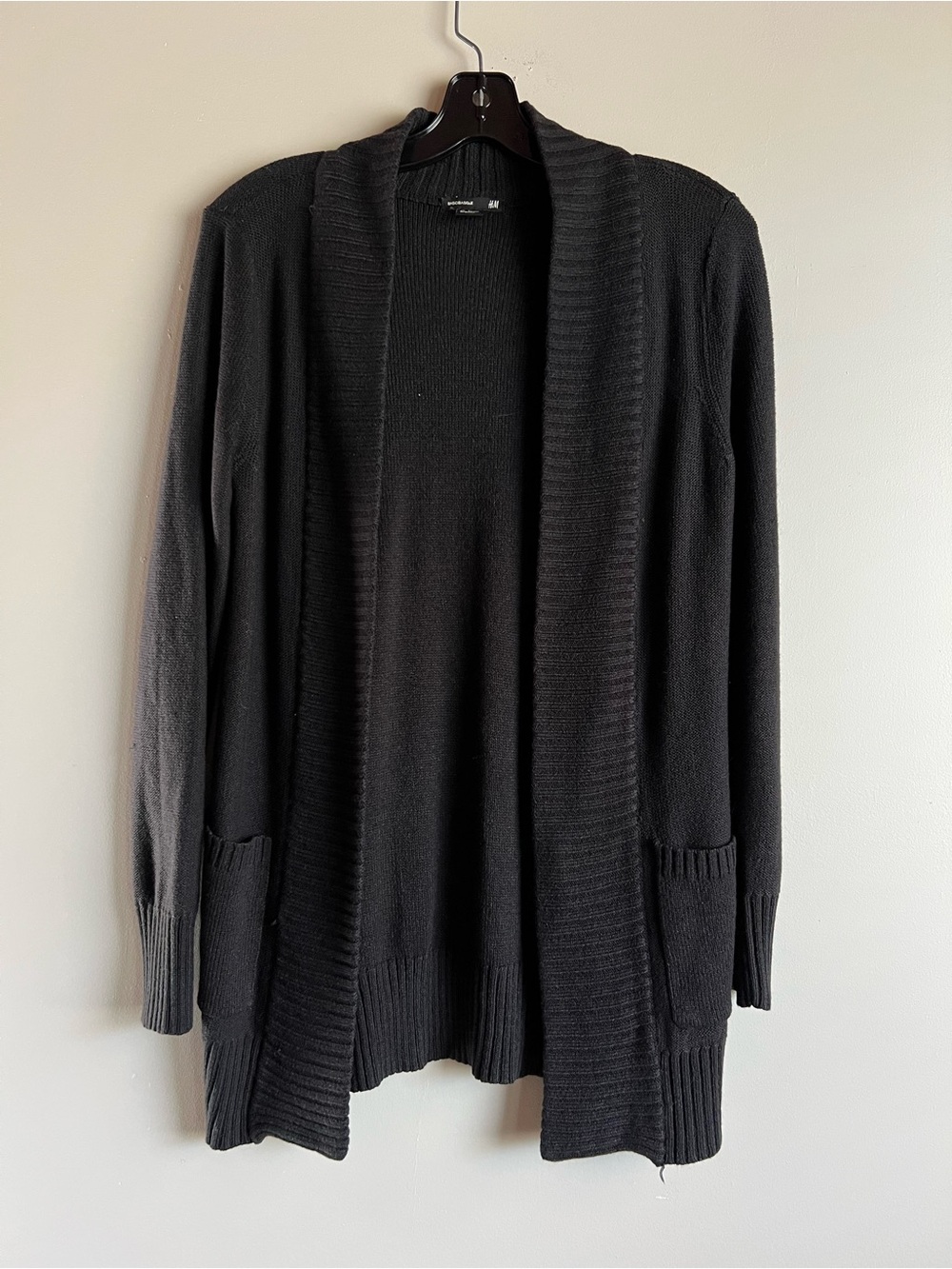 H&M Black Long Open Front Knit Cardigan Pockets Women’s Small